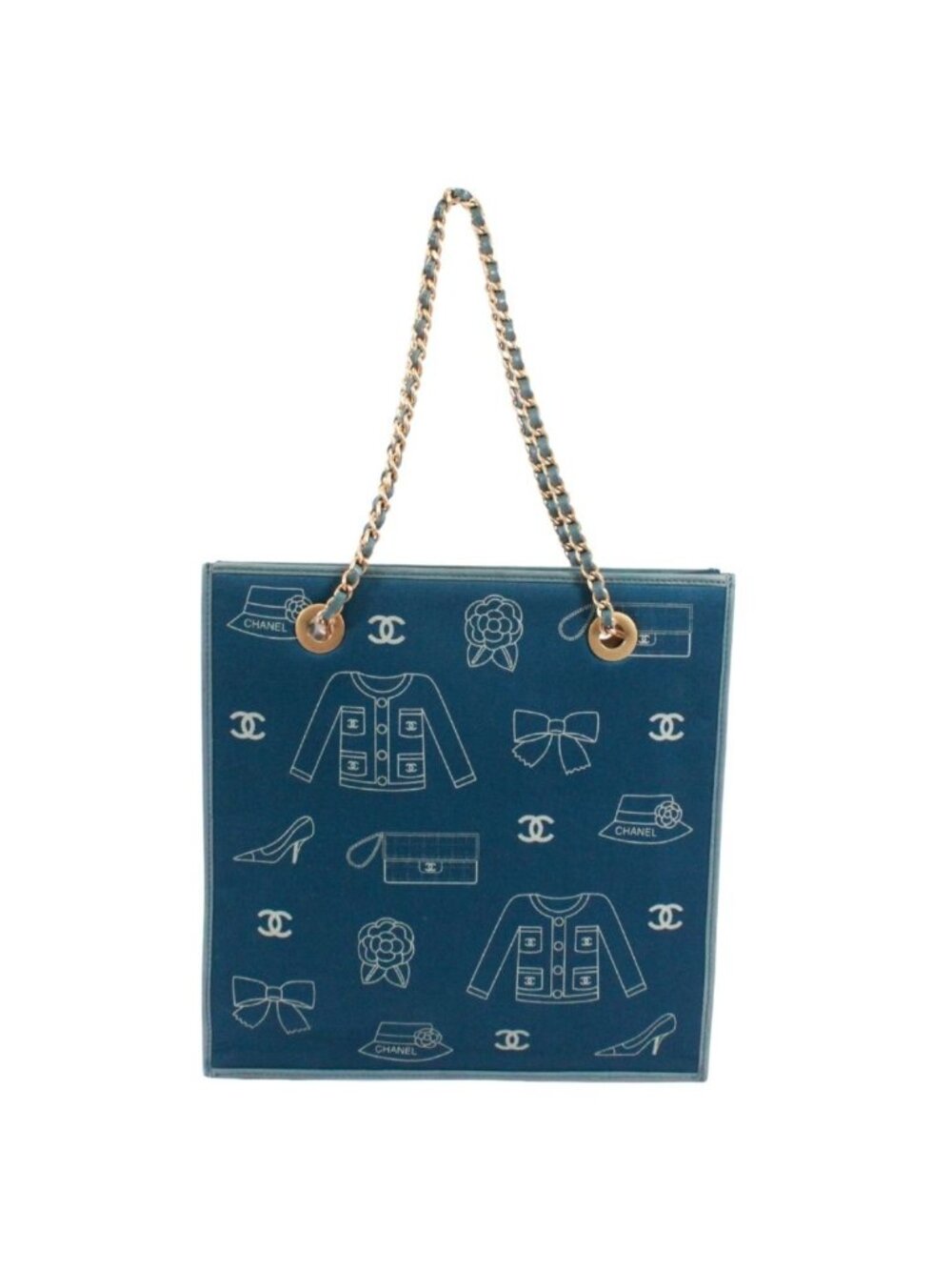 Chanel Icon Print Chain Leather Canvas Blue Shoulder Bag Gold